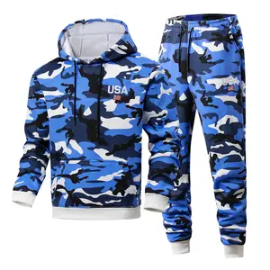 Men's Camo SweatsuitSet, Letter Embroidered Hoodie & Joggers withDrawstring at Waist l for Casual Workouts