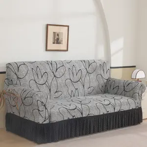 Abstract Art Style Plant Pattern Print Milk Silk Sofa Cover, Elastic Fabric & Skirt Design, Multi-Use for Hotel Bedroom Dorm Apartment Outdoor Party Sofa Slipcover