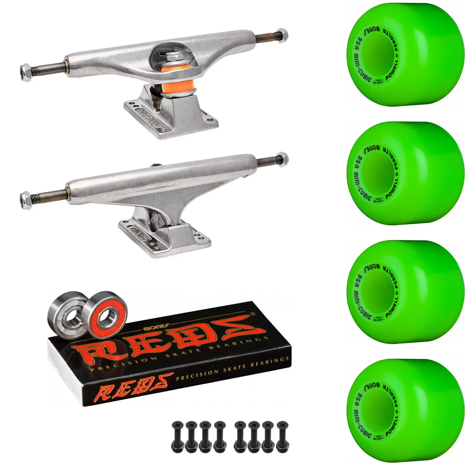 Independent Skateboard Package - 159 (8.75") Trucks, Powell Peralta Mini-Cubic Green Wheels, Amp 5 Bearings