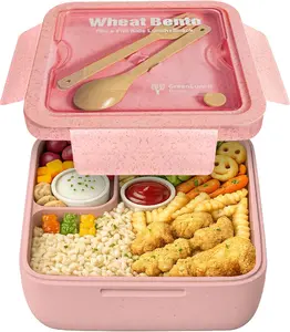 GreenLunch Bento Wheat Straw Lunch Box with 2 Compartments, Pink – Large Bento Box for Kids and Adults with Fork & Chopsticks, Reusable Food Storage Container for Kids for School, Traveling & Picnic