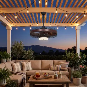 Waterproof Outdoor Ceiling Fan with LED Light and Remote, Caged Design 6-Speed Reversible Motor, 3 Color Dimmable, App & Plug-In Control with Timer for Patio Gazebo Porch Farmhouse--Brown