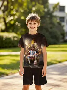 Boys' 3D Short Sleeve Set, Messi No. 10 Throne, Cool Football Star Print, Outdoor Wear, Holiday Gift, Birthday Present, 2026 World Cup