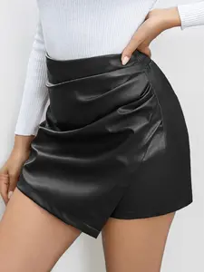 Women's High Waist Pleated Faux Leather Mini Skirt, Tie-Wrap Asymmetric Bodycon Party Skirt Pants, Stylish and Trendy