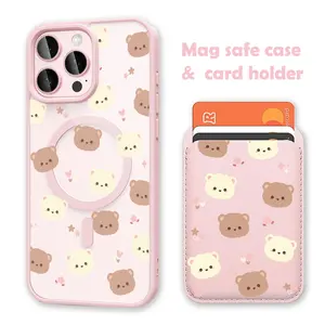 Cute Bear White Clear MagSafe Compatible Phone Case & Card Holder Wallet Magnetic Shockproof Cover for iPhone 17 /16 Pro Max Cases for Samsung S25 Black