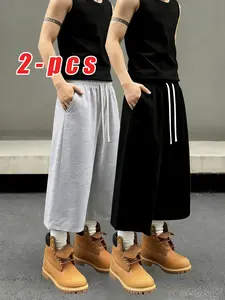 2 pcs American retro summer men’s shorts — unique street style, couple matching, raw-hem sweat shorts, loose casual, versatile 7/8 length