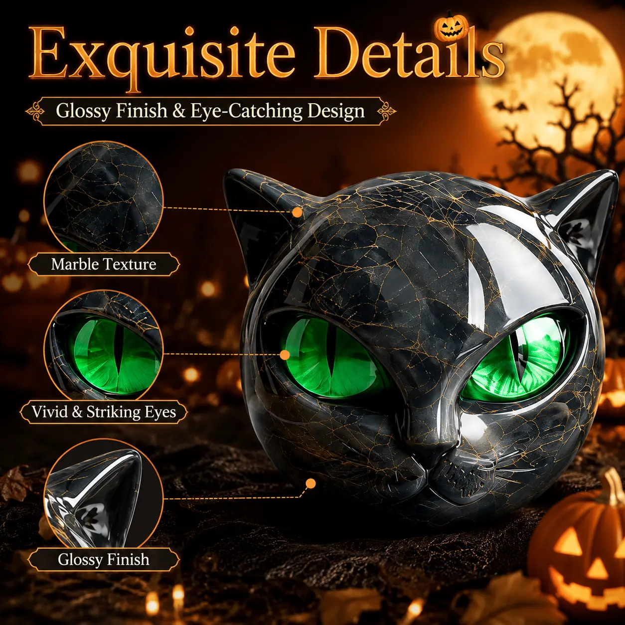 Halloween Gothic Black Cat Resin Statue, Marble-Look Stone Sculpture Figurine with Amber Eyes, Spooky Shelf Home Decor