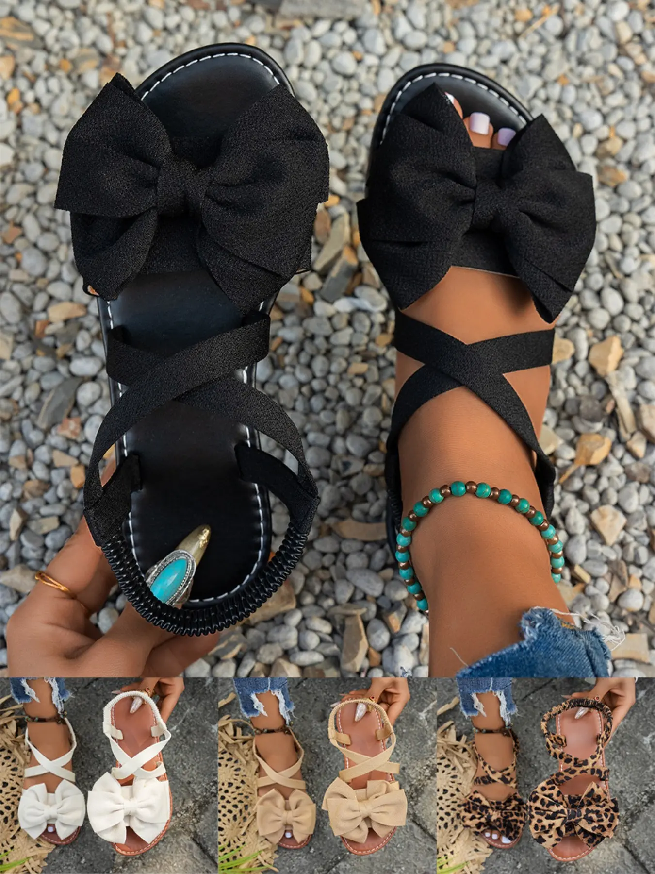 Women's Cute Bow Flat Sandals, Rubber, Elegant Toe-Exposed Slippers, Crossed Ankle Strap Design, Suitable for Home, Outdoor, Beach