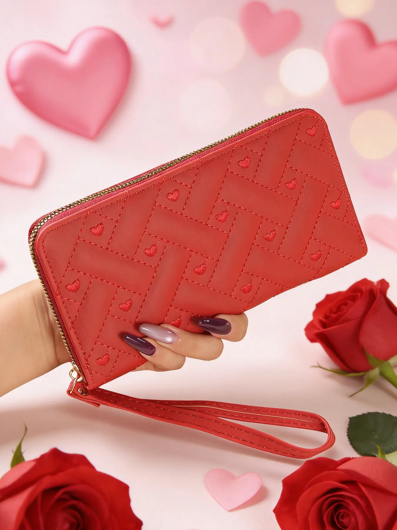 Women's PU long wallet, credit card holder, coin purse, Fashion Wallet, Embroidery Designs, heart pattern, Heart Embroidered Wallet, suitable for Valentine's Day, Women's Day, Mother's Day gifts