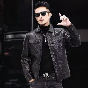 Men's Real Leather Jacket, Cowhide Workwear with Shirt Collar, Haining First Layer Genuine Leather Biker CoatXC-2106 Casual Black Tops Long Sleeve grad party outfit jacket western wear men business casual tops