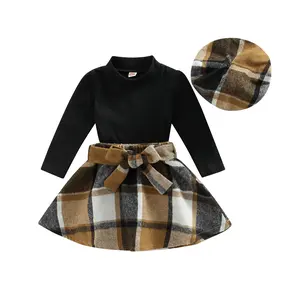 Toddler Girl Ruffle Long Sleeve Top+ Plaid Mini Pleated Skirt+ Beret Hat 3Pcs Clothes Set Baby Kid Fall Winter Outfit