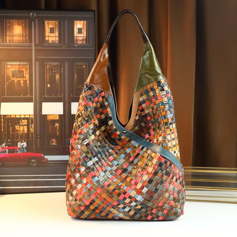 Large Colorful Woven Hobo Bag - Boho Braided Vegan Leather Shoulder Bag - Spacious Multi-color Patchwork Handbag for Women's Daily & Vacation
