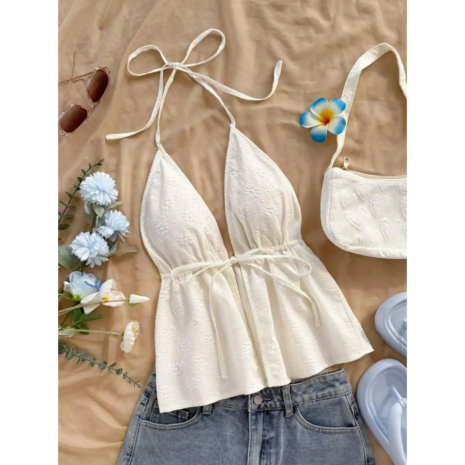 Women's Knitted Round Neck Drop Shoulder Sleeve Fit T-Shirt, Fashion Casual Asymmetrical Criss Cross Back Tie Top, Knitwear, Spring and Fall Wear, Basic, Cozy, Versatile, Comfort, Style, Comfortable All Day Wear