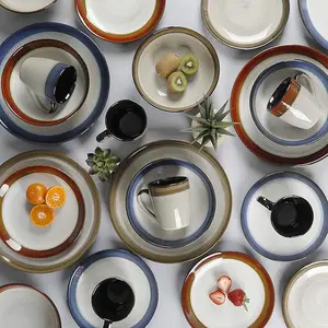 Elite Couture Bands Round Reactive Glaze Stoneware Dinnerware Set for Four - Bowls, Tableware