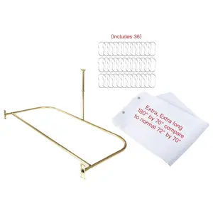 Utopia Alley DR9GD Rustproof Wall Mounted Aluminum D-shape Shower Rod With Ceiling Support for Freestanding Tubs, 60 Inch Large Size by 25 Inch, Gold + White Shower Curtain 180x70inch