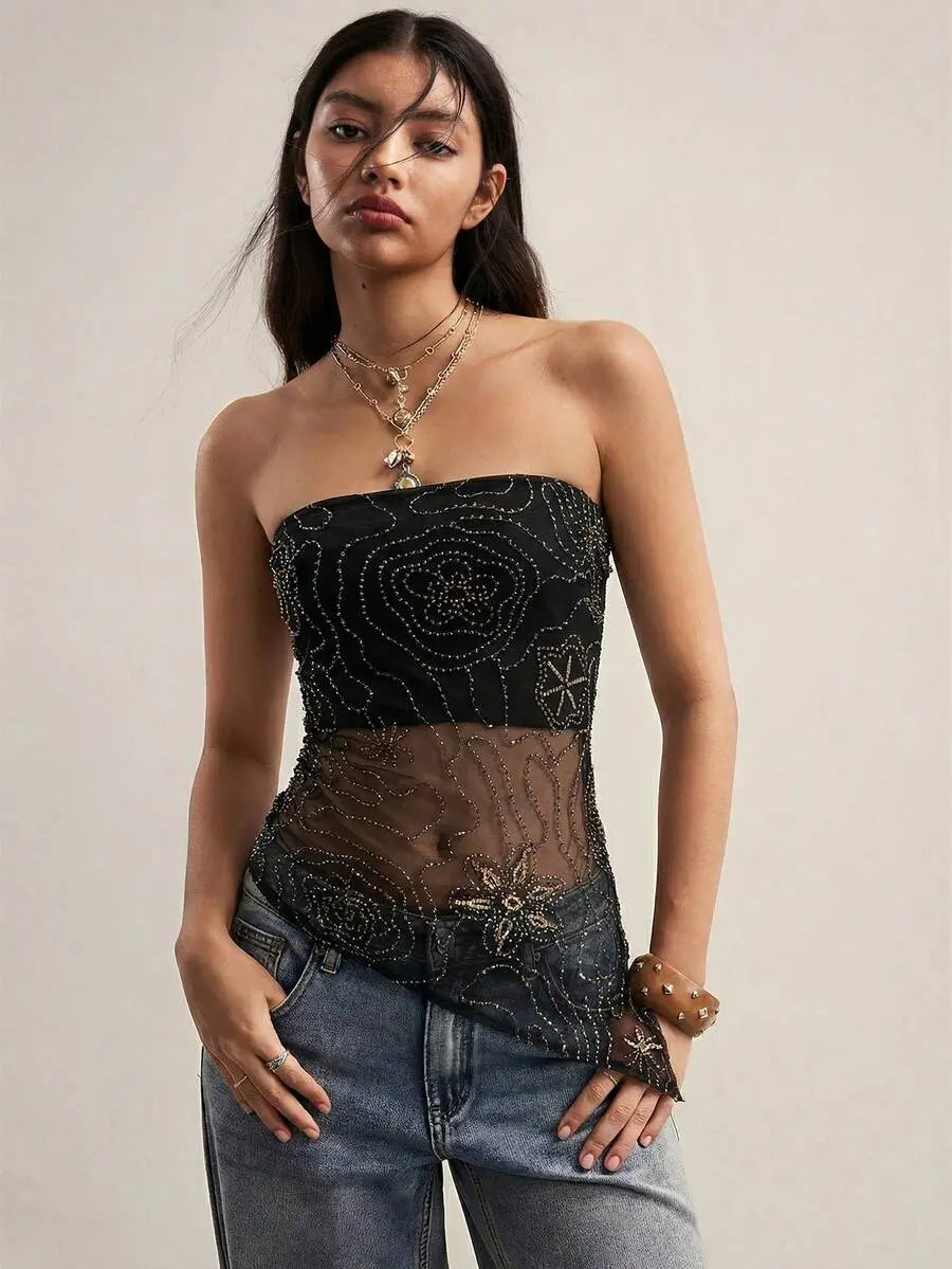 Women's Asymmetric Mesh Embroidered Camisole Top, Black Sequin Decor, Party Wear, Y2K Vintage, Summer