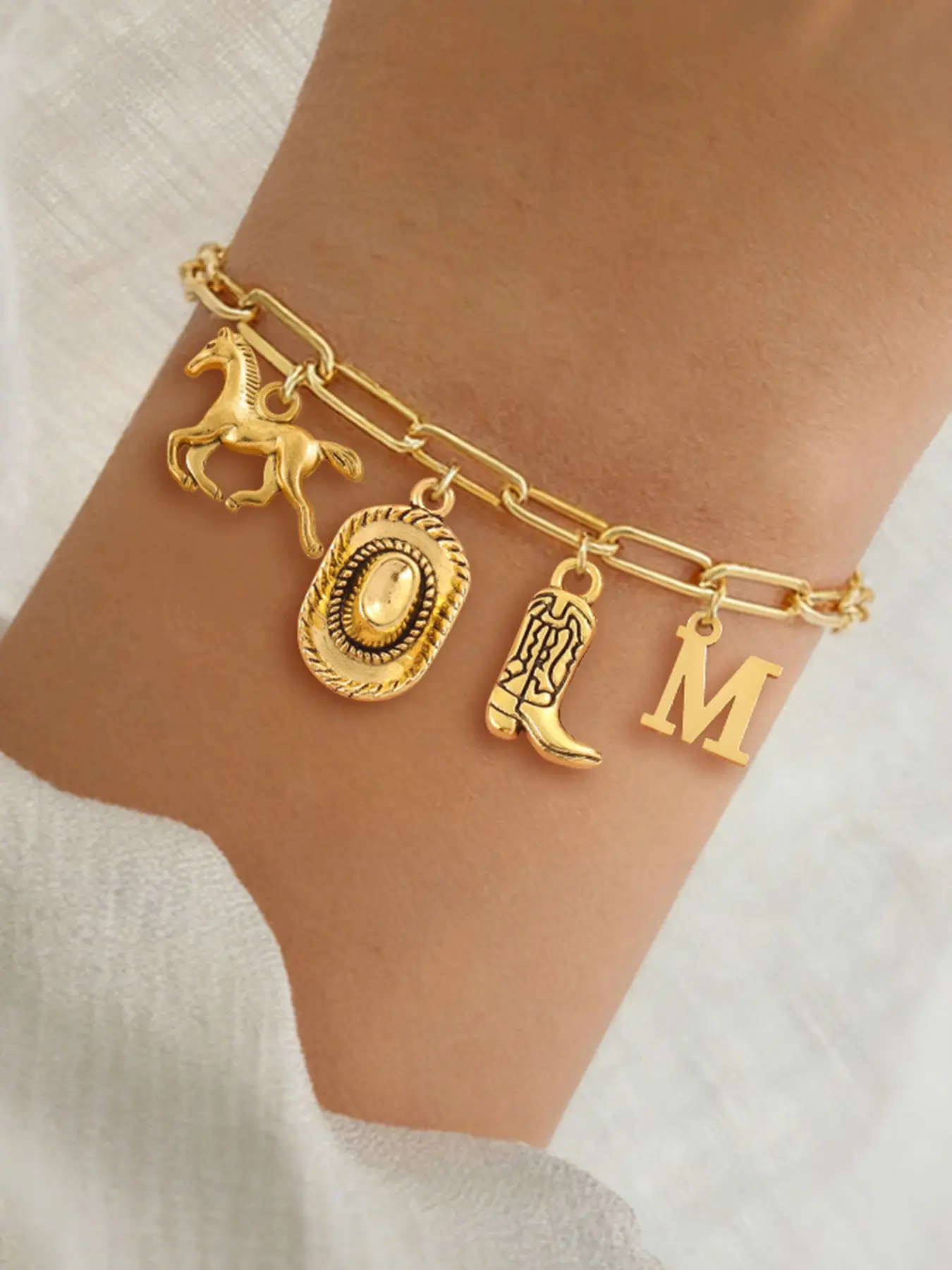 Western Cowboy Hat Boots Horse Initial Letter Pendant Bracelet, Classic Stainless Steel Paper Clip Chain, Casual All-Season Women's Fashionable Jewelry, Fashion Accessories