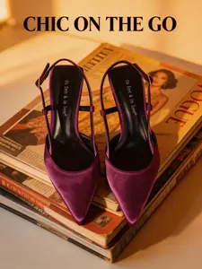 French Vintage Burgundy Purple Satin Pointed Toe Slingback Ankle Strap Sandals for Women Spring/Summer New Arrival Elegant Stiletto Heels Comfortable Commute Date Lady Style Premium Adjustable Strap Pumps