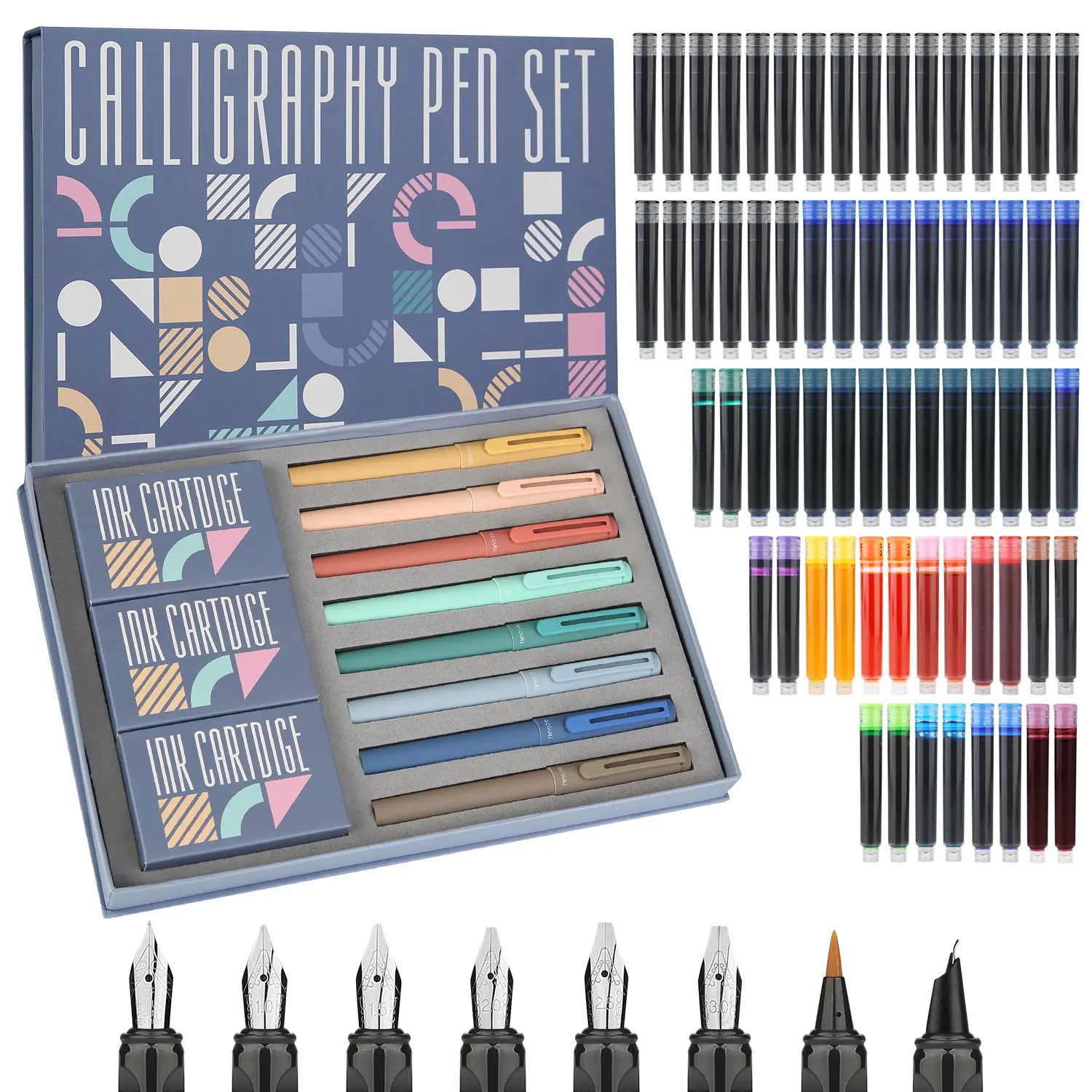 74 Pcs Calligraphy Fountain Pen Set, 8 Pens & 8 Nibs, 66 Ink Cartridges (14 Colors), Ideal for Writing, Drawing, Beginner Practice, Art Craft Supplies, Artist Supplies, Art School Supplies, Art Materials, Writing Tool