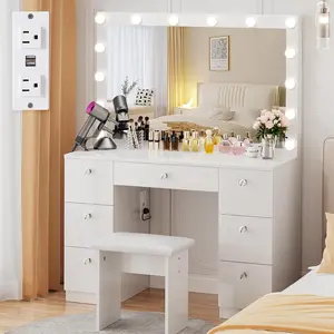 VOWNER 44" Lighted Mirror Makeup Vanity Desk - White Vanity Table with Power Outlet, 7 Drawers, 3 Adjustable Brightness Color Lighting Modes, Soft Cushioned Stool for Women