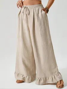 Women's Plus Size Elastic Waist Two-Layer Ruffled Hem Casual Cute Fitted Long Pants, Comfortable and Stylish Ladies' Clothing Bottoms Casual Fashion Trousers Womenswear