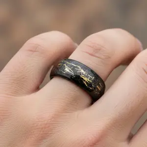 Gold Meteorite Inlay Black Tungsten Wedding Band, Men's Wedding Band, Meteorite Wedding Band, Engagement Ring for Him and Her, Galaxy Meteorite Inlay Ring