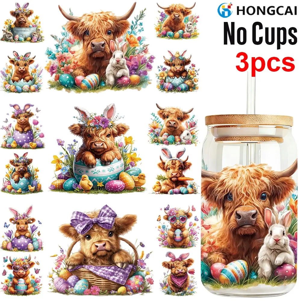 Easter Themed Highland Cow UV DTF Stickers Set, Fits 16 Oz Cups, Cute Easter Eggs Bunny Flower Design, Waterproof Scratch Resistant
