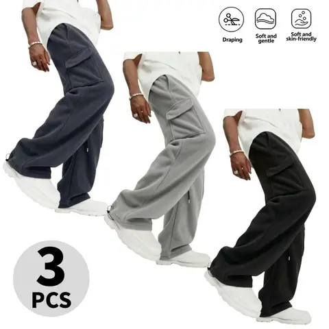 Men’s casual cargo pants, 3-pack, with 3D side pockets and elastic waistband with drawstring