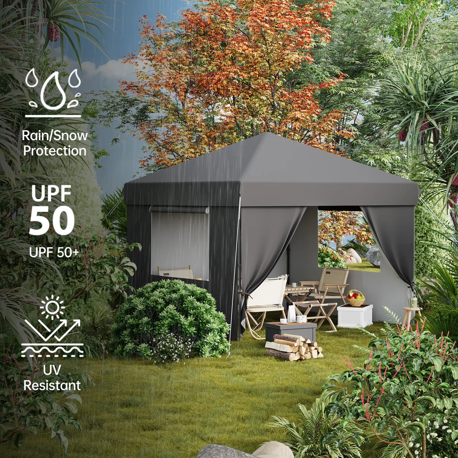 OP-Garvee 10x10 Feet Instant Pop-Up Canopy Tent - Quick One-Push Setup Outdoor Sun Shelter for Events, Parties & Camping. Commercial-Grade Foldable Canopy with 4 Detachable Sidewalls - Sleek Black Design