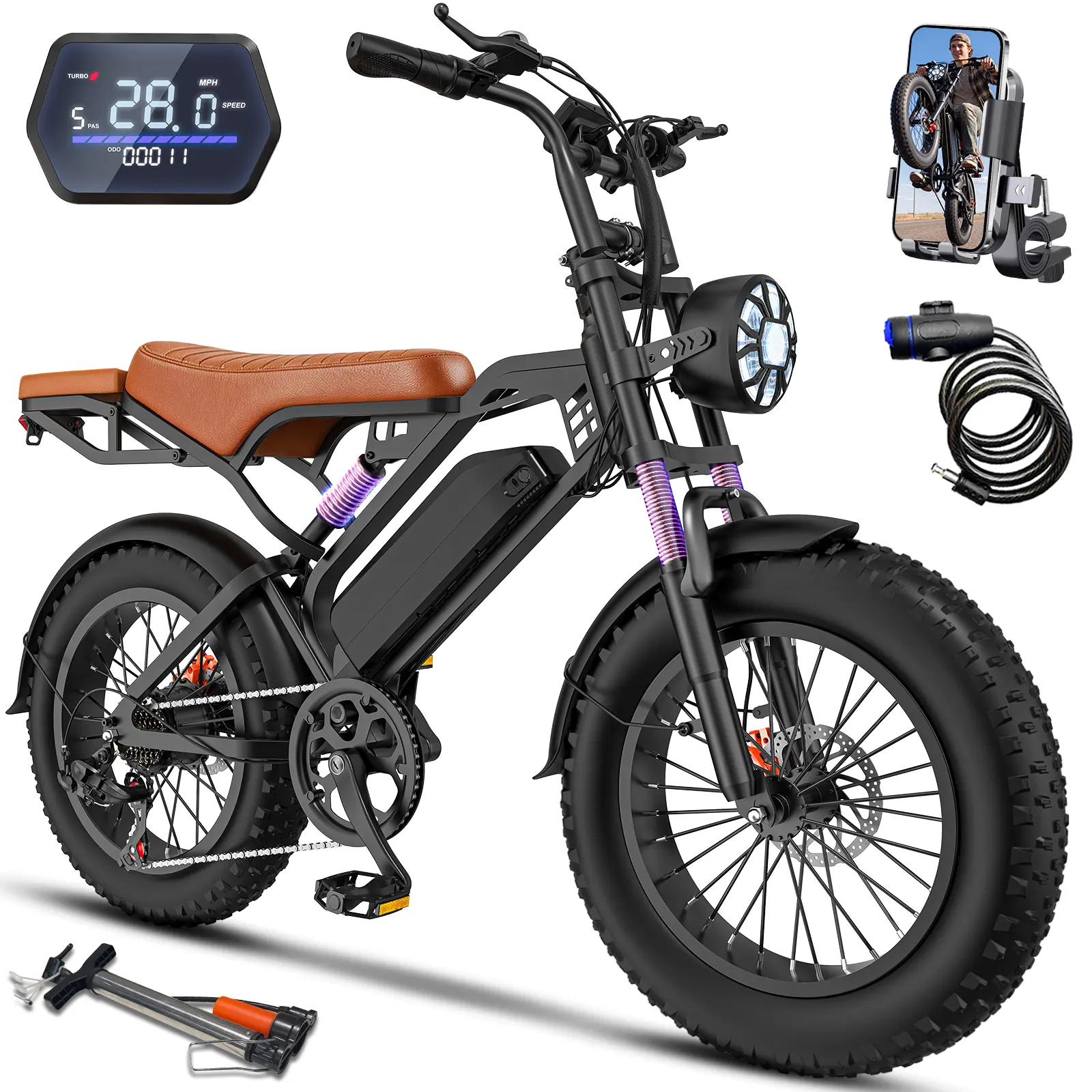 TERROSOR GT600PRO Dual Suspension Ebike for Adults, 1500W Peak Motor Retro E-Bike, 48V 18Ah Removable Battery, 60Mile Range, 20"x4" Fat Tires, Display, for Mountain Biking Off-Roading City Commuting