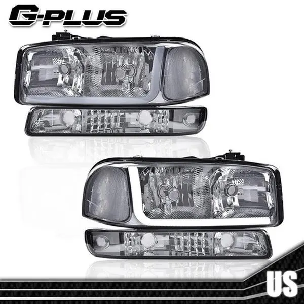 G-PLUS LED Headlight Assembly, Car Headlights with Bumper Lamp Set for 1999-2007 GMC Sierra/Yukon, Smoke Chrome, 4pcs New DRL Lights, Led Car Headlights