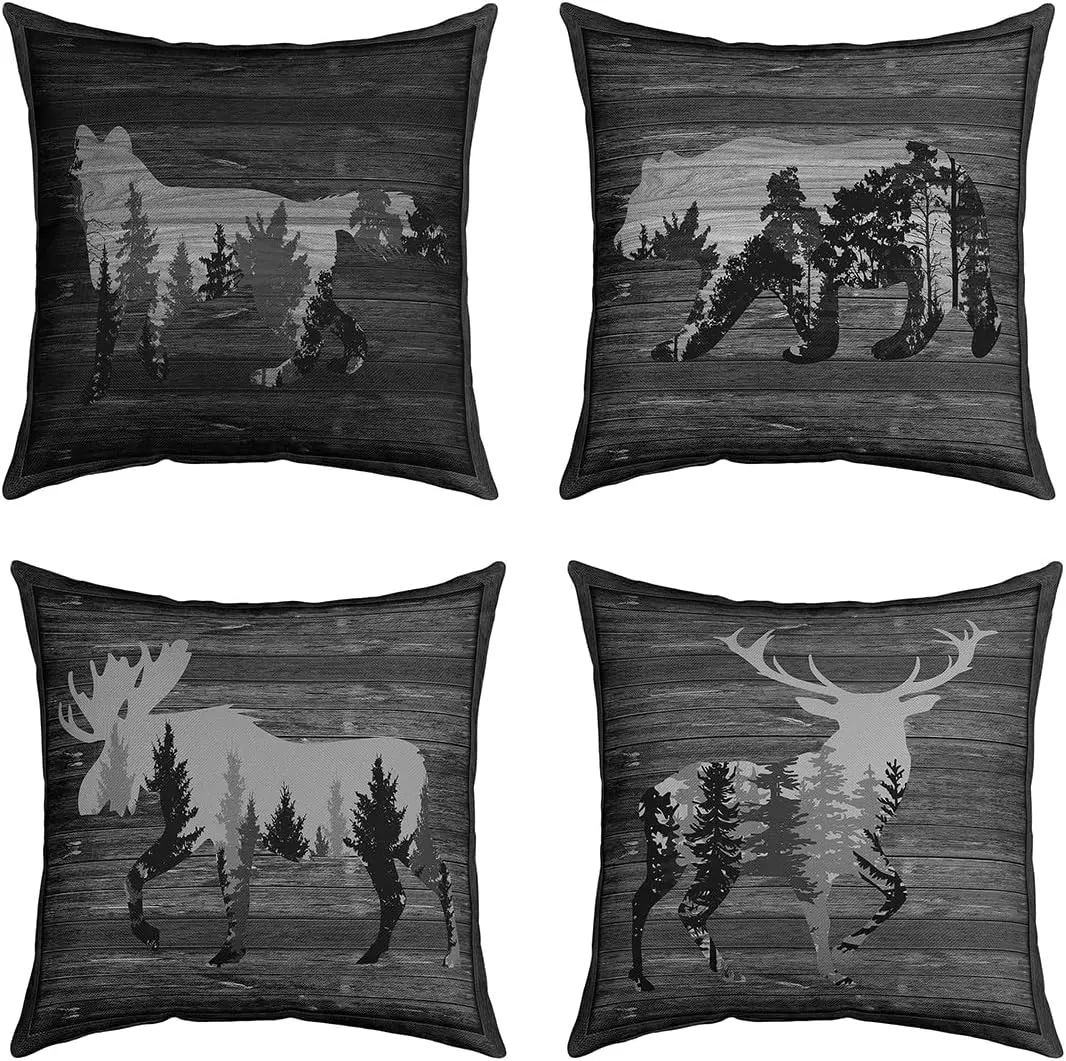 Feelyou 4-Piece 18x18 in 3D Shaped Custom Vintage Wildlife Animal Print Cushion Covers - Soft Polyester, Double-Sided, 3D Printing, Cabin Deer Hunting-Farmhouse Wolf, Black Grey, Home Decor, 3D Shaped Cushion Covers