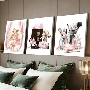 3 Counts Wooden Framed Canvas Painting, Elegant Pink Fashion Beauty Makeup Images, Exquisite Poster, Perfect Living Room Decoration, Modern Art, Fashion Family Poster, Wall Art Decoration, Waterproof Art