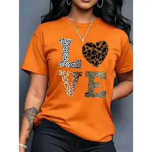 100% Cotton Women's Short Sleeve T-Shirt, "I Love You" Leopard Print Letters and Heart Pattern Print, Vintage Elegant Exquisite Cute Sexy Sweet Style Round Neck Top, Women's Gift Birthday Gift, Commuting T-Shirt Party T-Shirt