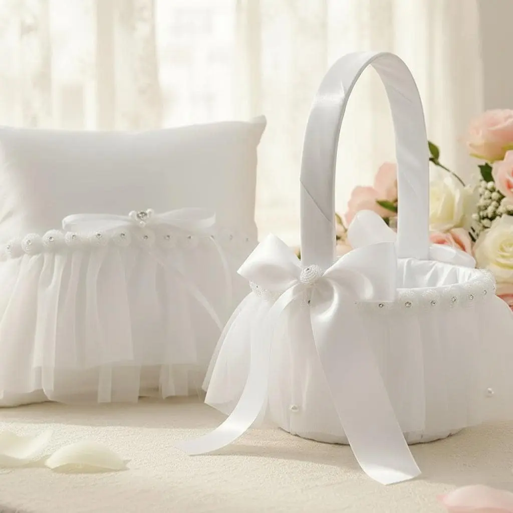 White Ring Bearer Pillow and Flower Girl Basket Set – Elegant Satin and Tulle Wedding Ceremony Accessories with Pearls and Ribbon Bows