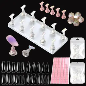 Nail Stand for Press Ons Nail Display with 96 Pcs Reusable Sticky Putty Practice Art Magnetic Fake Nail Holder 96pcs Stiletto Square Full Cover Nail Tips for Home DIY Beginner Salon kit Nailcare Acrylics