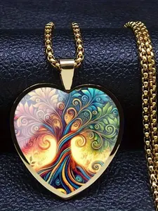 A transparent glass heart-shaped necklace with a delicate 2D pattern inside.