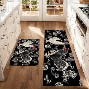 2Pcs Two roosters with a black background Floor mat set including farmhouse kitchen Rug dining room flooring laundry room decorative carpet mat