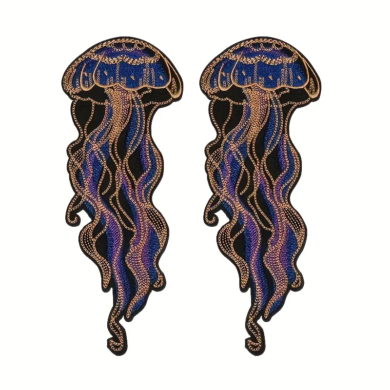 2-Piece Polyester Fabric Iron-On Patches - Nautical Theme, Purple Ocean Embroidery, Glowing Tentacles, Jellyfish Motif, Easy Iron-or-Sew Application for Jackets, Bags