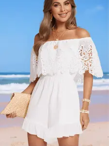 Women's Solid Lace Trim Off Shoulder Romper, Boho Cute Fashion Casual Basic Romper for Daily Holiday Vacation Wear, Ladies Clothes for Summer
