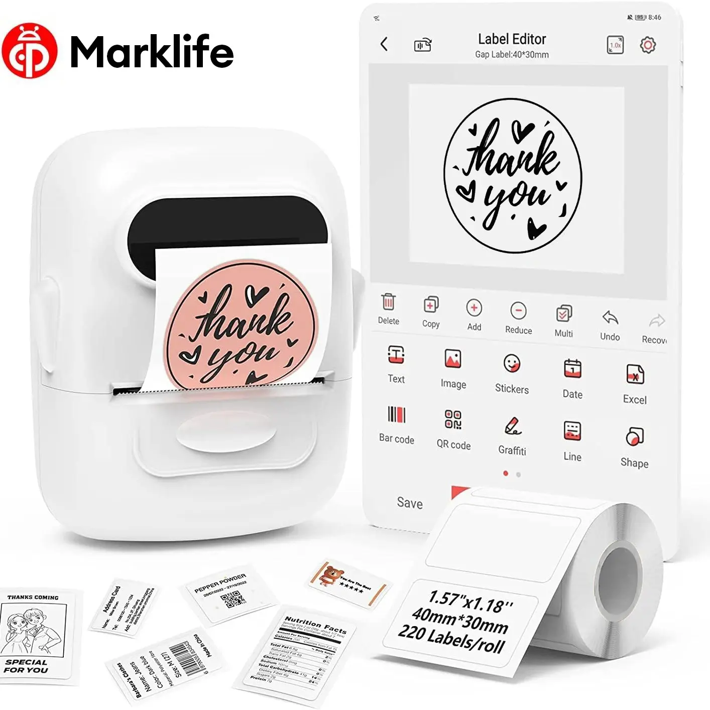 Marklife P50 Bluetooth-compatible Mini Thermal Printer, Inkless Printer, Label Sticker Printer, Portable Label Maker for Small Businesses, Home Office, School, Compatible with iOS and Android, Wireless Label Printer