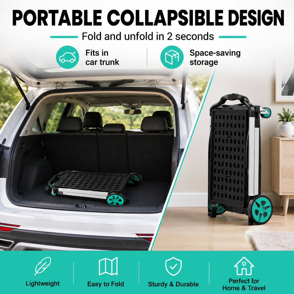 Premium Foldable Plastic Shopping Cart with Wheels, Elegant Lightweight Rolling Utility Basket for Groceries, Laundry, Travel, Camping and Home Storage, Space-Saving Portable Pull Cart