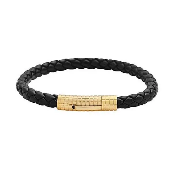 Stately Steel Men's Black Braided Leather Bracelet with Textured Clasp Stately Steel Men's Black Braided Leather Bracelet with Textured Clasp