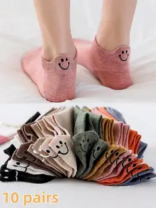 Unisex multi-colored boat socks, Breathable fabric socks, with smiley face on the heel, 10 pairs per pack, breathable, sweat-absorbent, comfortable, and won't slip down, perfect for spring and summer, Stylish design for everyday casual wear