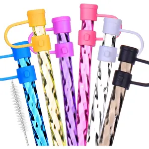 6 Pairs Replacement Straws and Straw Covers for Stanley Straw, Reusable Glitter Straws with Cleaning Brush for Stanley Cup, Straws for Stanley 40/30 OZ Tumbler (6 Straws + 6 Spill Stoppers)