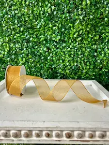1.5 Inch By 25 Yard Old Gold Snow Organza Unwired Ribbon