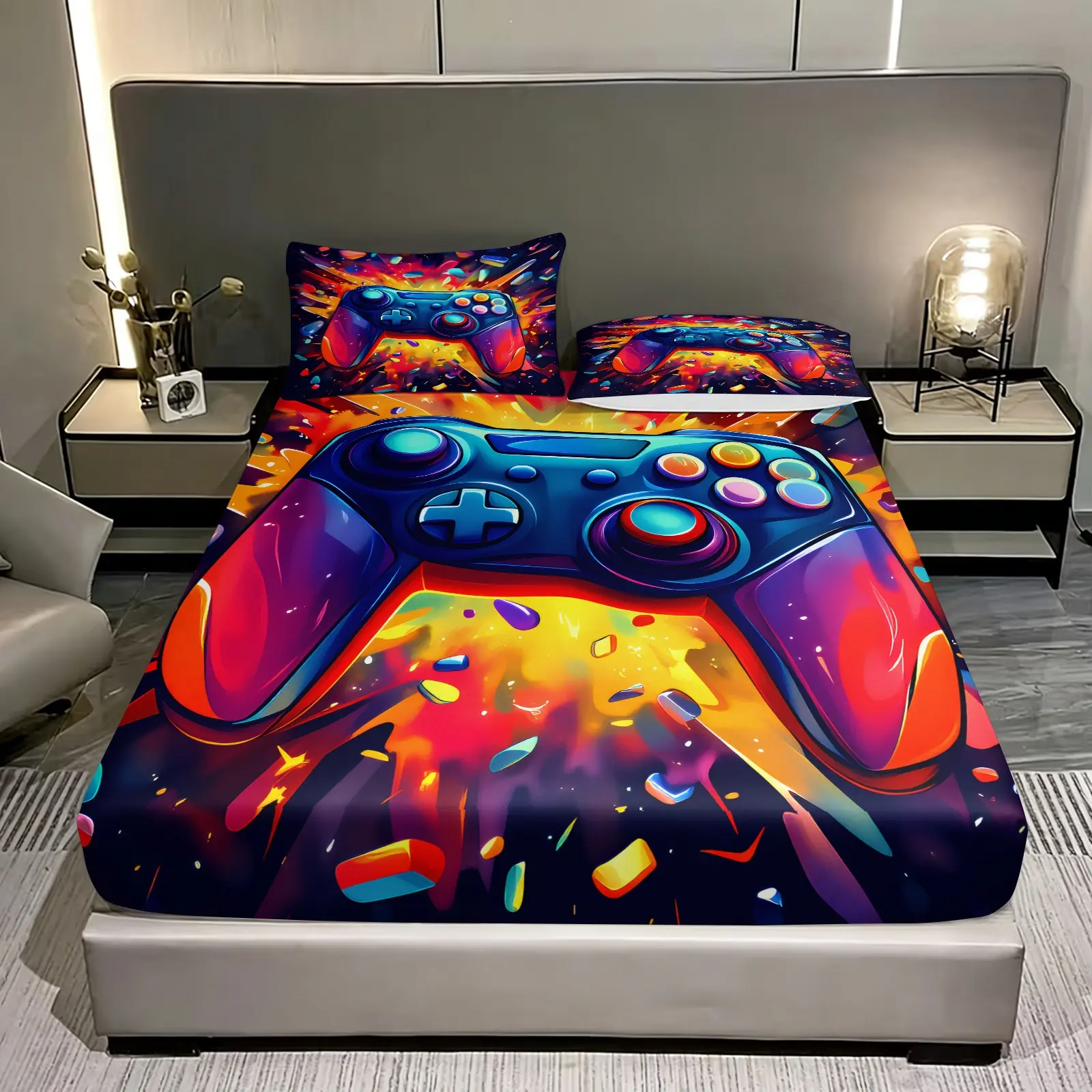 Valentine's Gamer Couple Bedding Set, 1 Fitted Sheet & 2 Game Controller Pillowcases, Boho Style, No Inserts Included