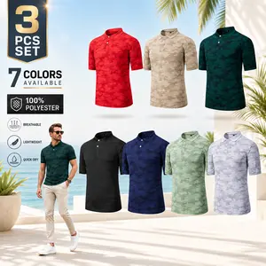 3-pack men’s short-sleeve polo shirts, short sleeves, textured camouflage golf shirt, men’s summer casual/travel/tourism wear, lightweight and soft, all-day comfort, breathable and quick-drying, stretchy close fit