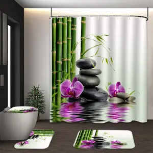 LVRLVR 4Pcs Zen Bamboo Orchid & Spa Stone Print Calming Asian-Inspired Multi-Color Shower Curtain Set 70.8×70.8 Inch