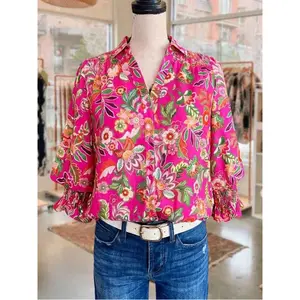 1 piece floral print pastoral style puff sleeve button-up shirt, shoulder pleated V-neck top, button closure, puff sleeves, ruffled cuffs, stylish and unique, machine washable, women's spring/summer clothing