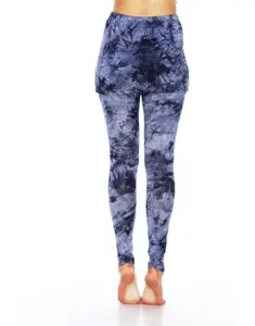212 MAIN Women's Full-Length Tie-Dye Skirted Cotton Stretchy Seamless Leggings - Blue, Medium, Fold-Over Top, Casual All-Seasons Bottoms, Workout Tights, Yoga Skinny Pants
